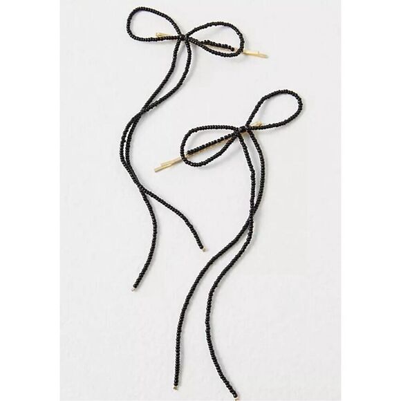 Free People Black Dainty Beaded Bow Hair Clips NWT - Picture 1 of 4